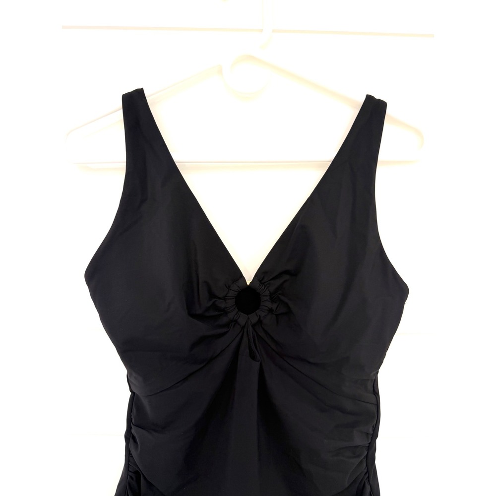 Feelingirl Black One Piece Swimsuit V Neck Ruched Tummy Control Size Medium - Picture 2 of 5